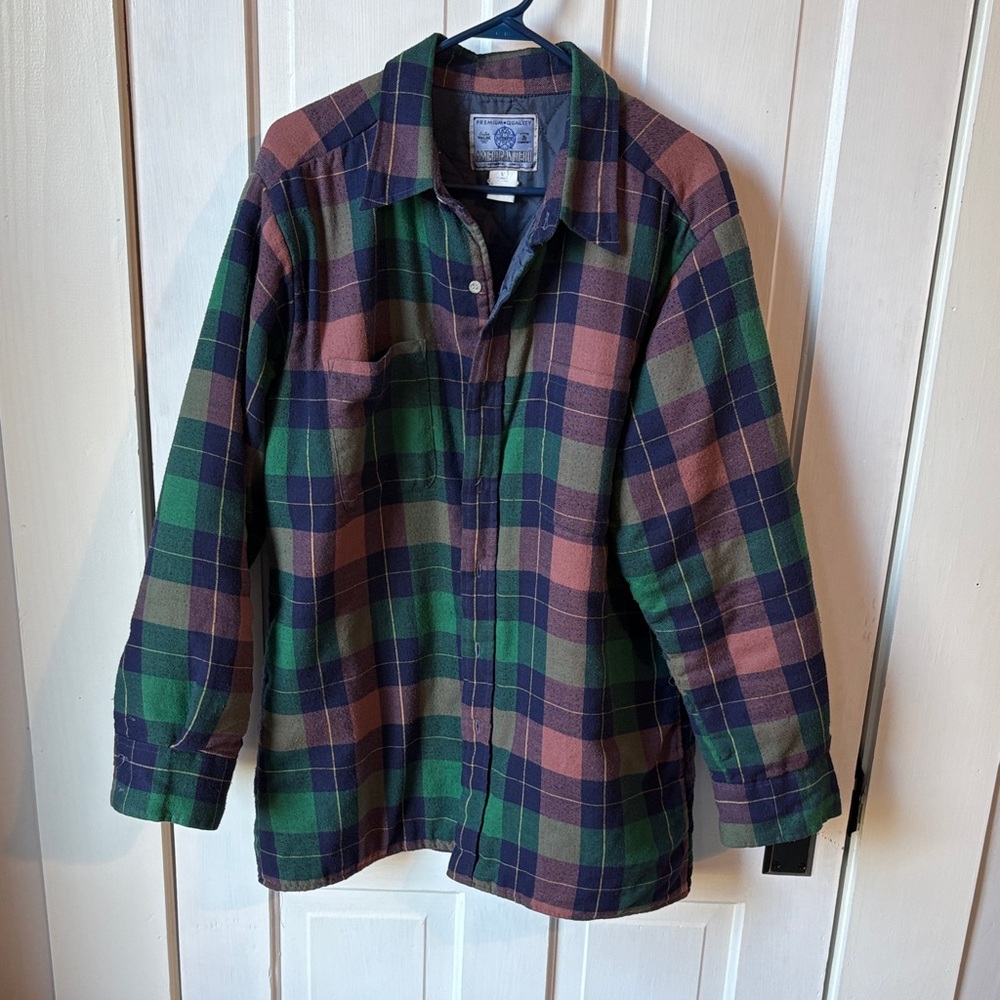 Vintage‎ American Hero Plaid Button-Up Trapper Flannel Shirt in Green and Brown